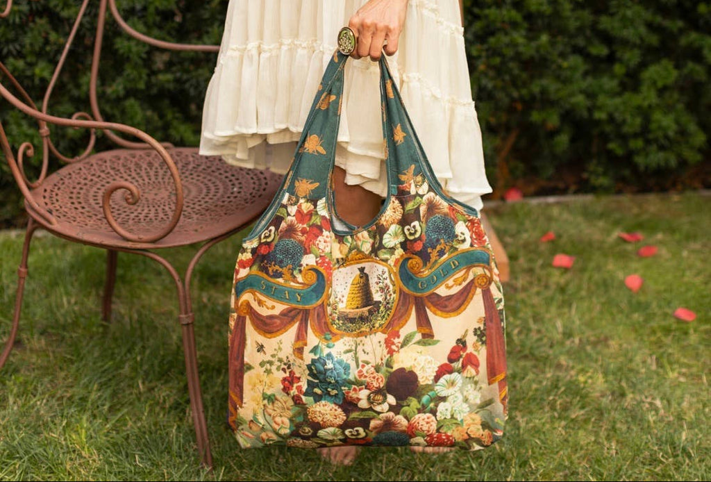 Market of Stars Stay Gold Boho Linen Tote Bag with Rabbit & Bees