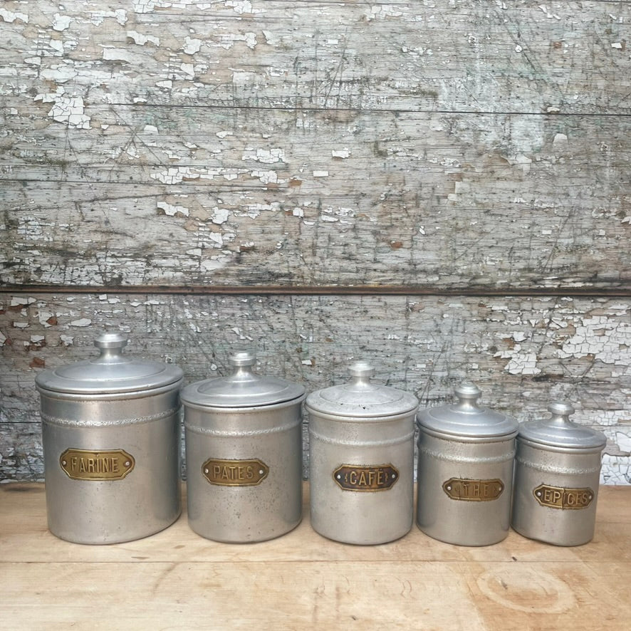 Set of  5 Vintage French Aluminium Storage Tins