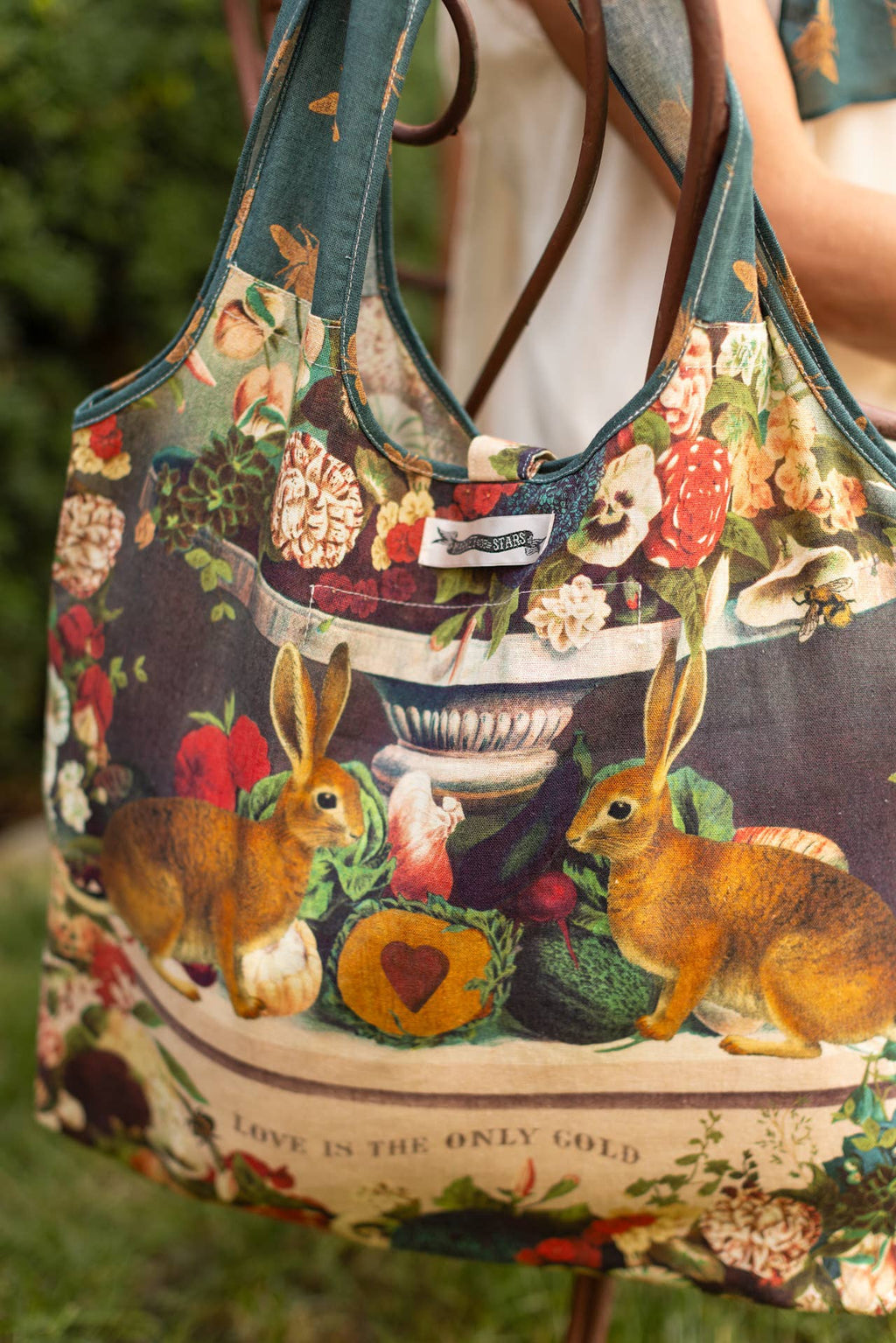 Market of Stars Stay Gold Boho Linen Tote Bag with Rabbit & Bees
