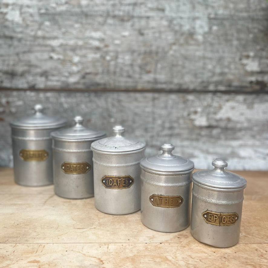 Set of  5 Vintage French Aluminium Storage Tins