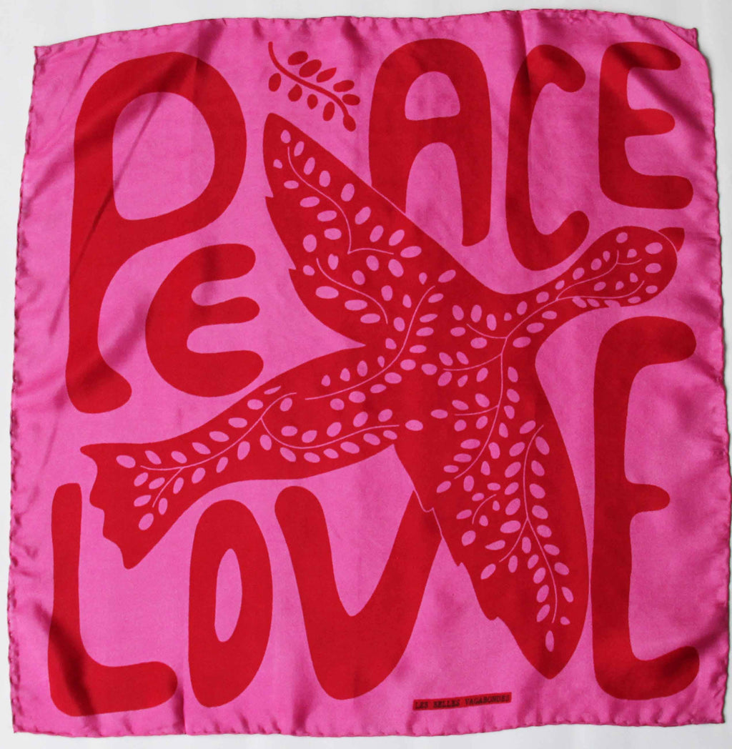 French Silk Scarf Peace and Love Fuchsia