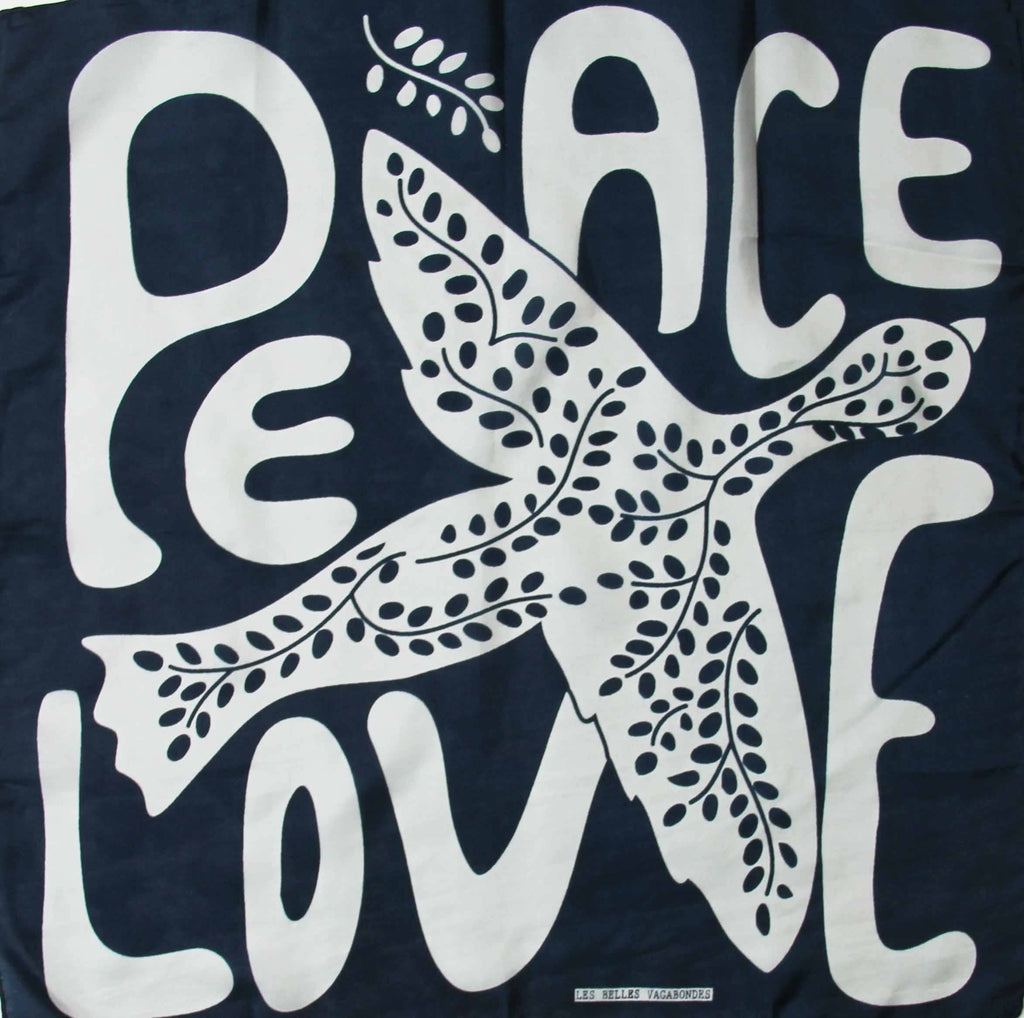 French Silk Scarf Peace and Love Marine