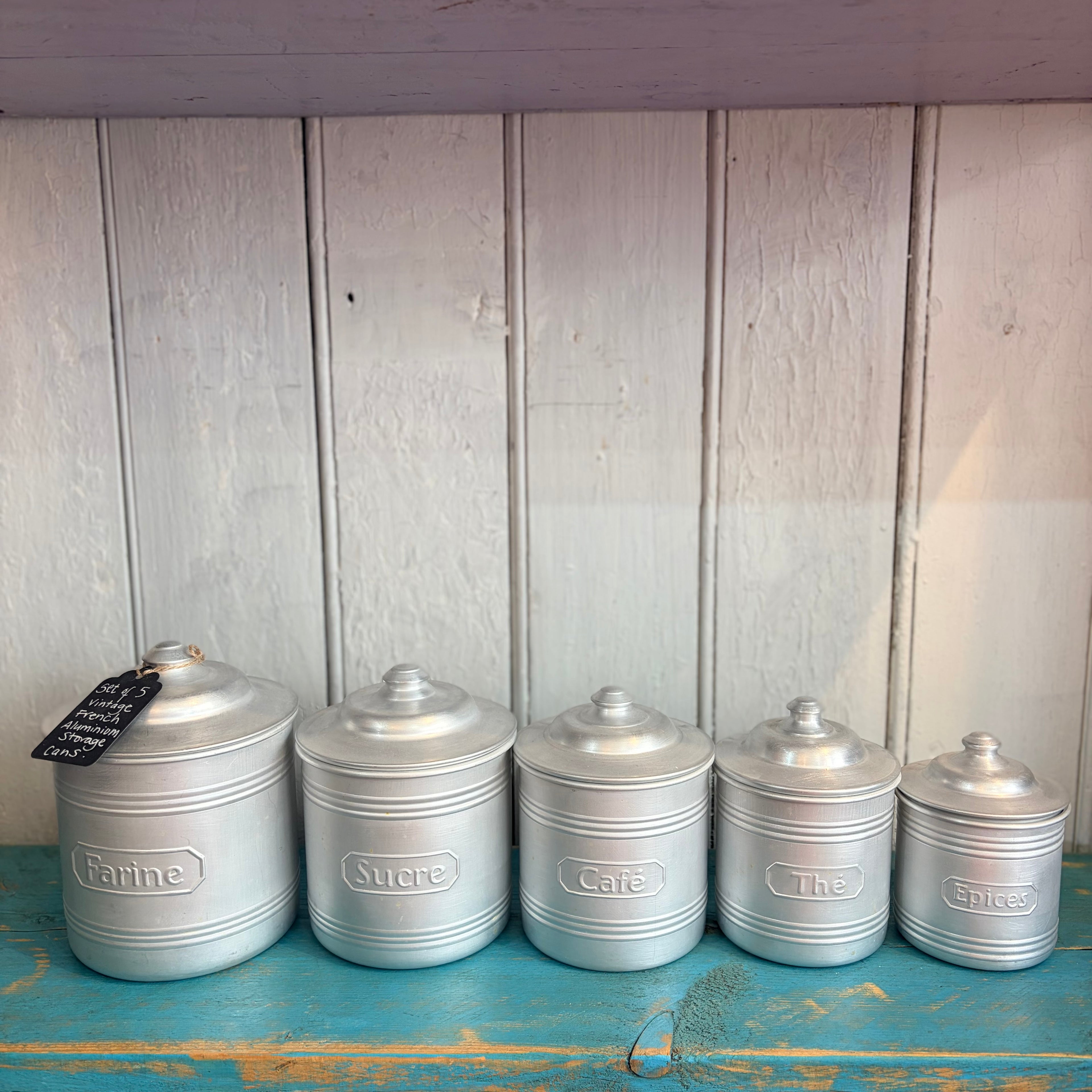 Set of 5 Vintage French Aluminium Storage Tins