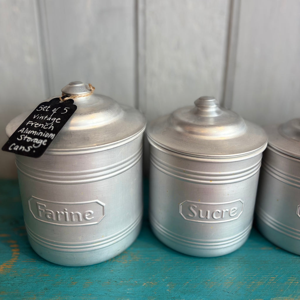 Set of 5 Vintage French Aluminium Storage Tins
