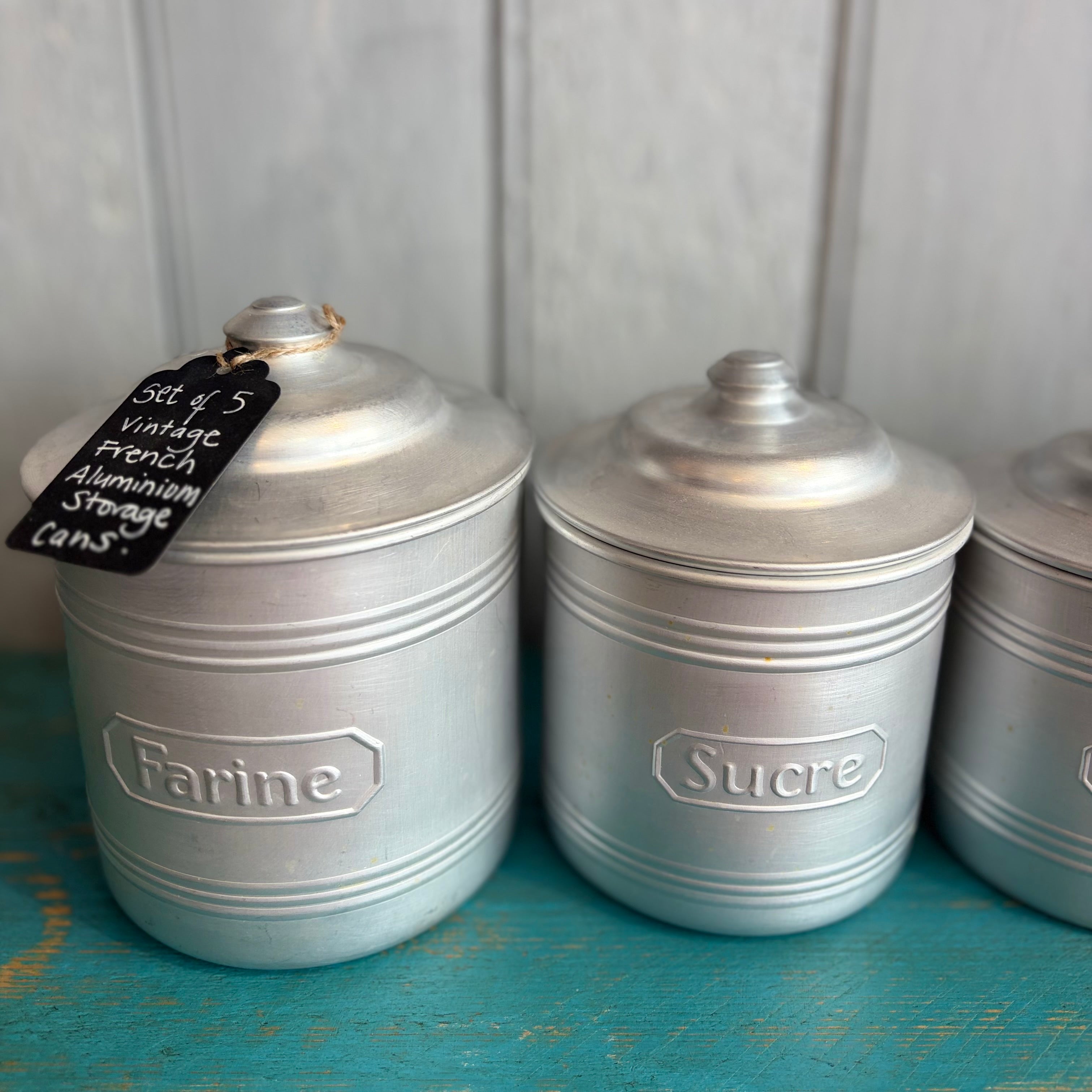 Set of 5 Vintage French Aluminium Storage Tins