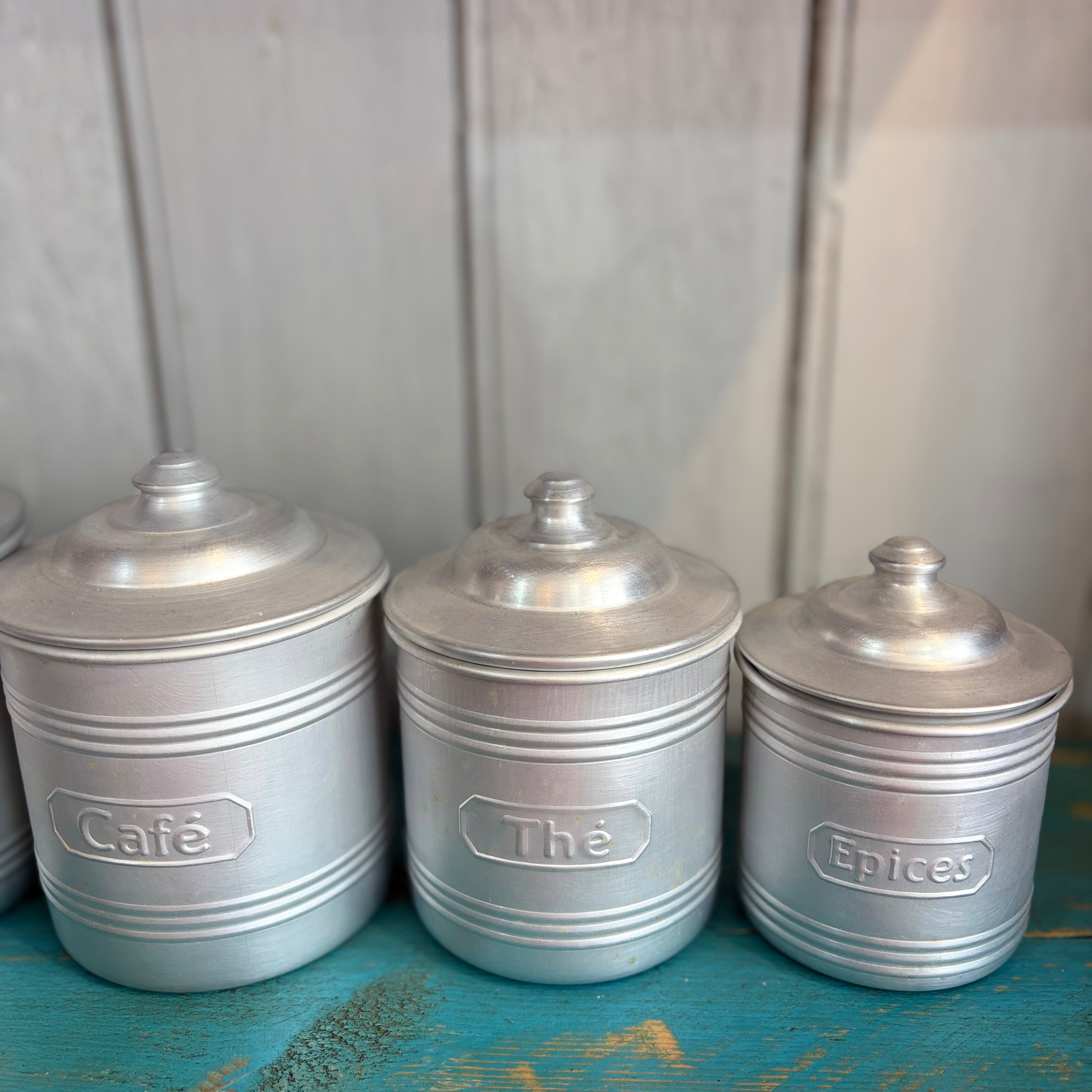 Set of 5 Vintage French Aluminium Storage Tins