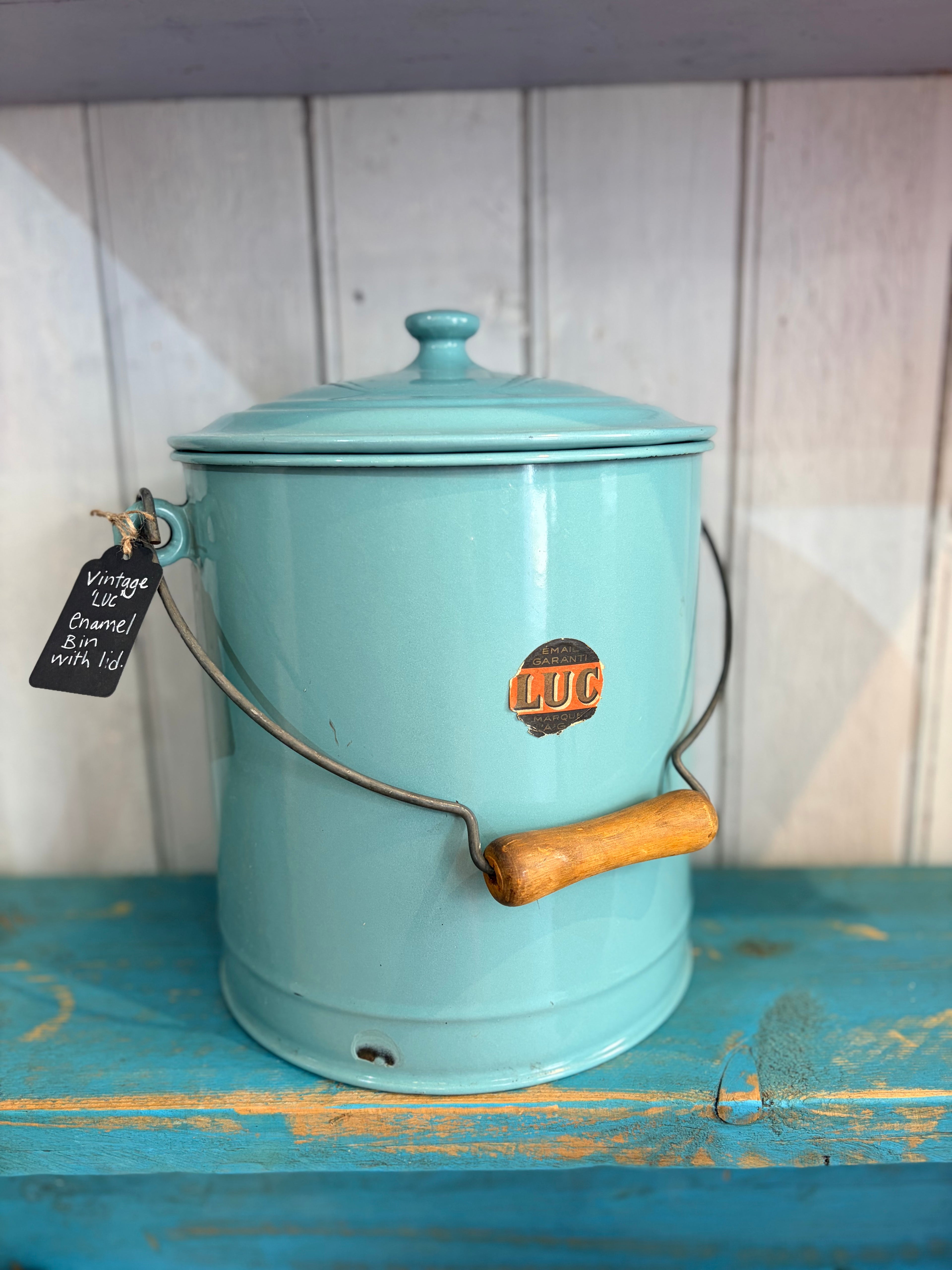Vintage French LUC et Cie  Enamel Storage Bin