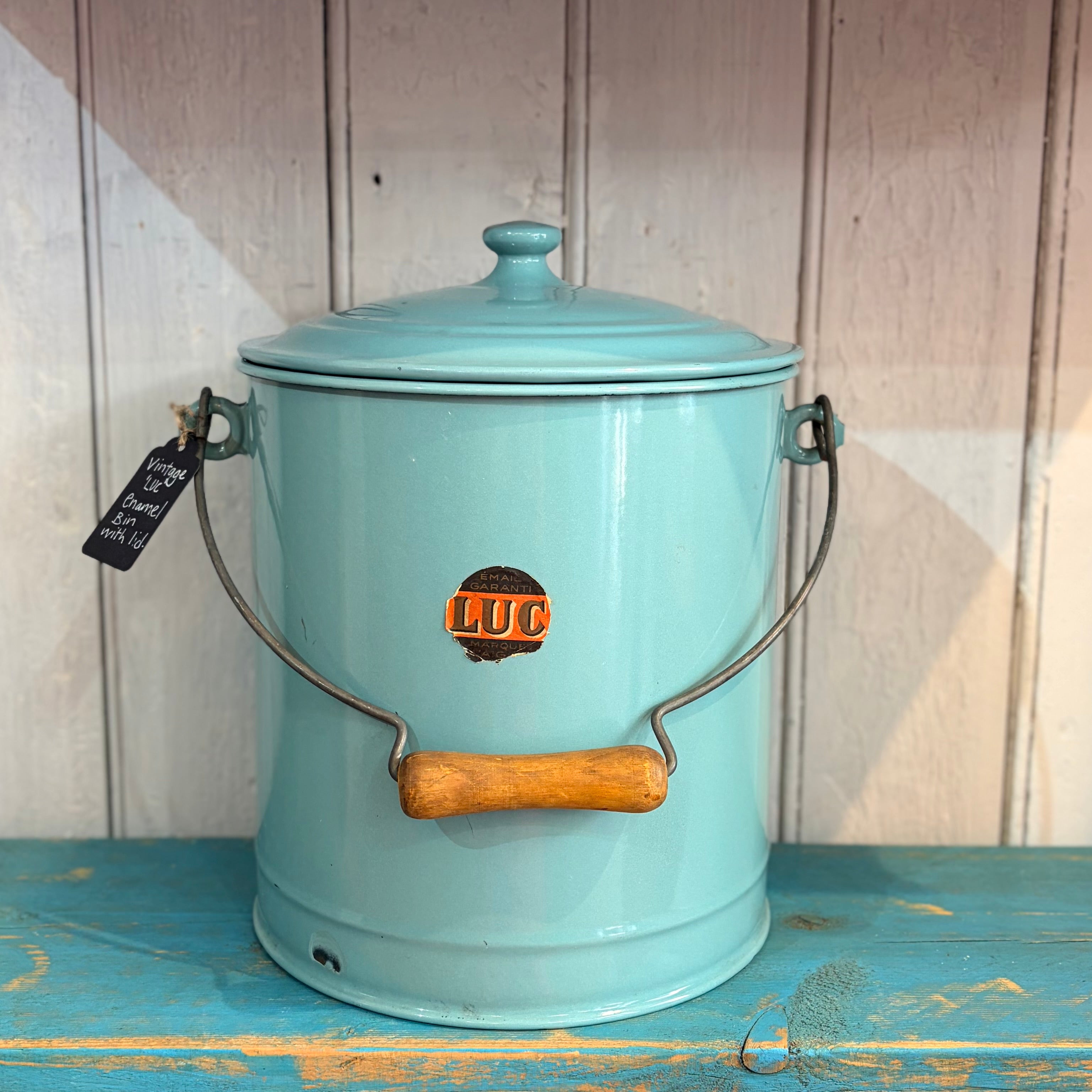 Vintage French LUC et Cie  Enamel Storage Bin