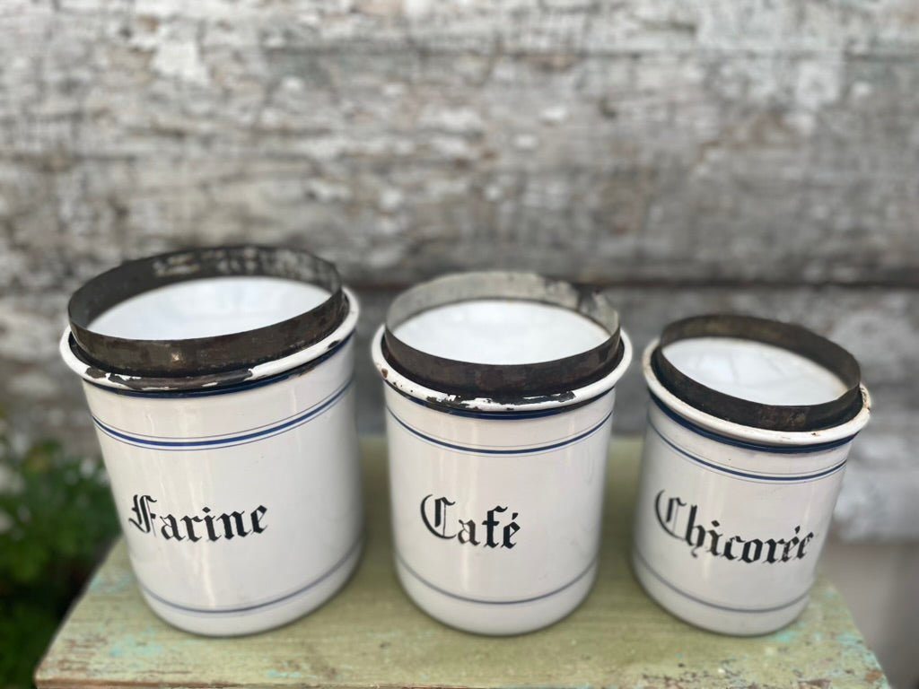 Set of  3 Vintage French Enamel Storage Tins