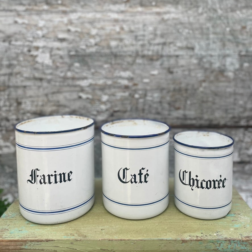 Set of  3 Vintage French Enamel Storage Tins