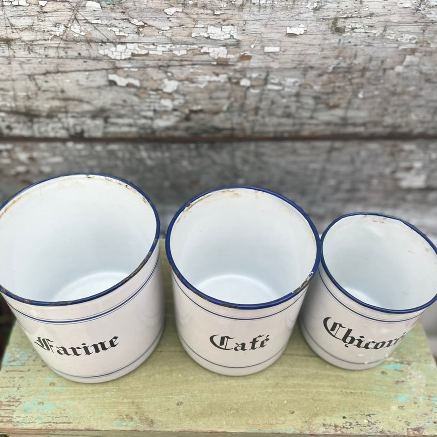Set of  3 Vintage French Enamel Storage Tins