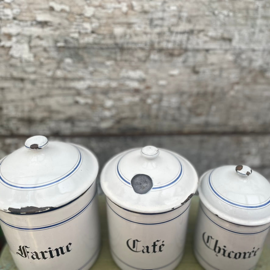 Set of  3 Vintage French Enamel Storage Tins