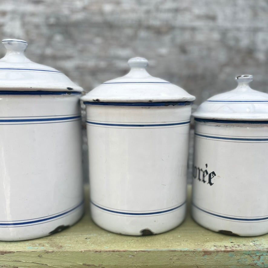 Set of  3 Vintage French Enamel Storage Tins