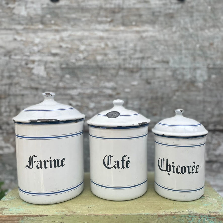 Set of  3 Vintage French Enamel Storage Tins