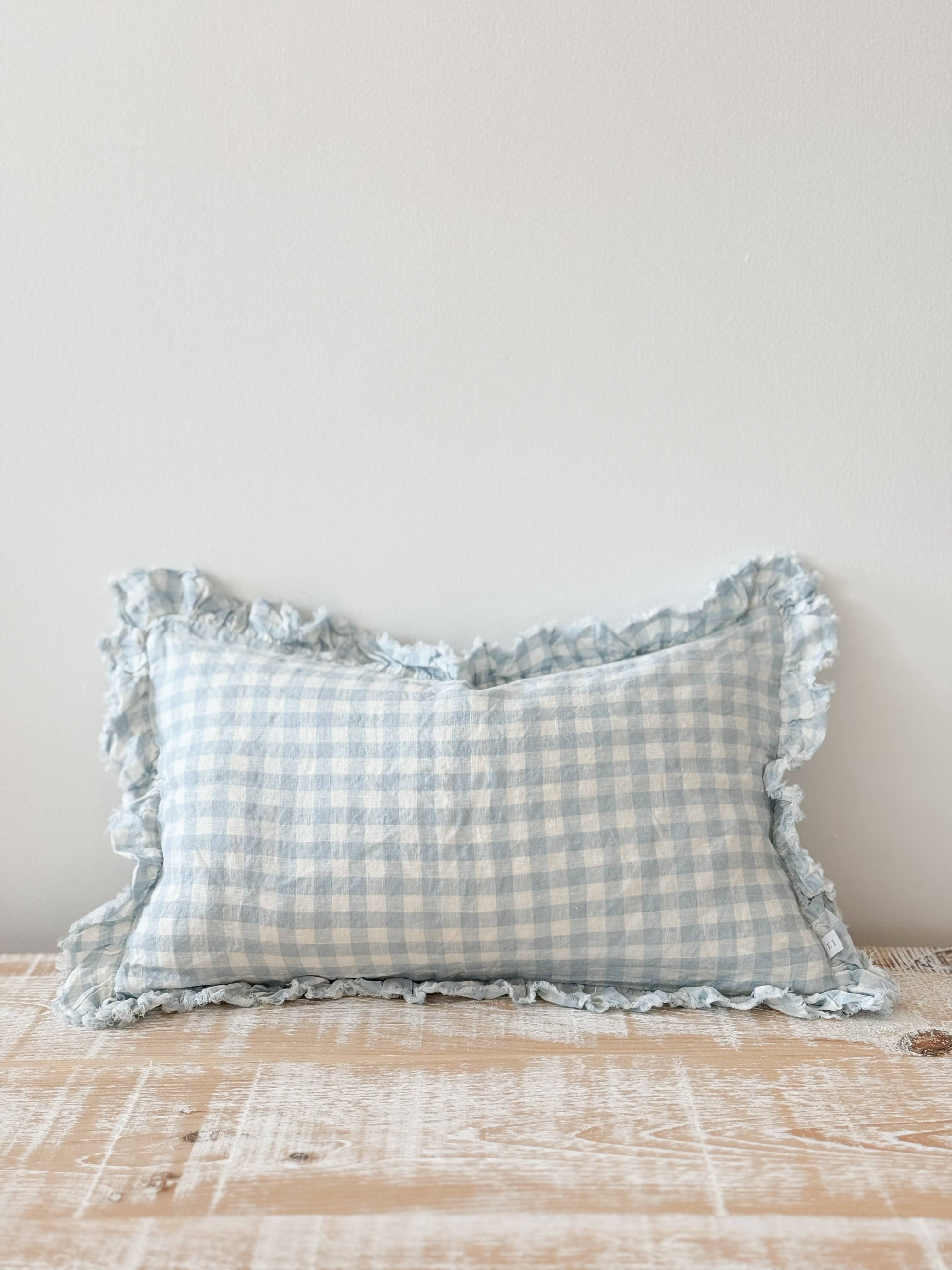 Oblong Ruffle Edged Blue Gingham Cushion
