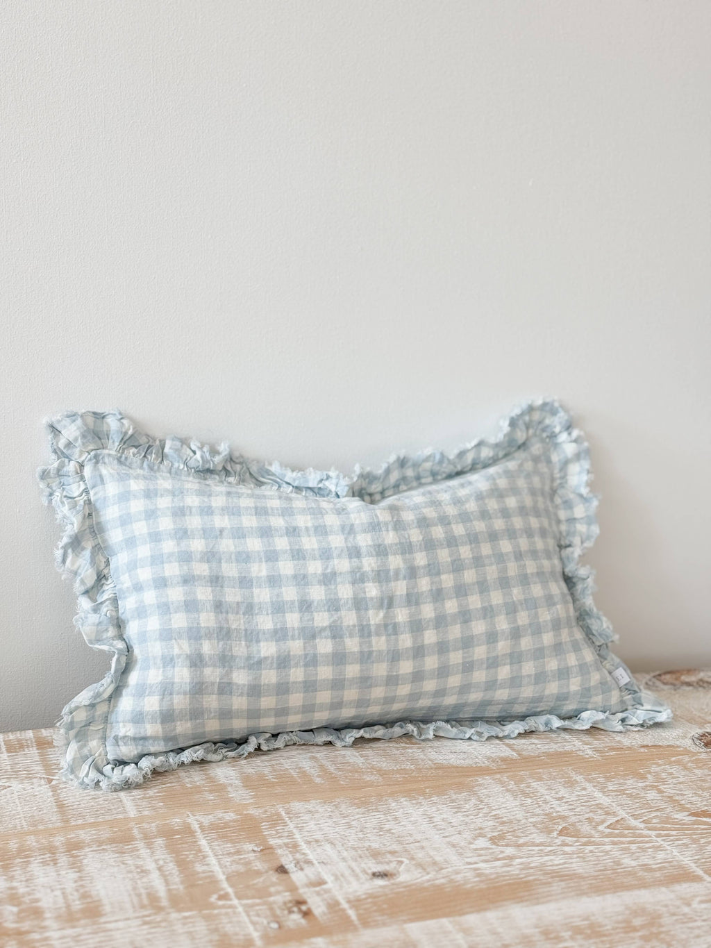 Oblong Ruffle Edged Blue Gingham Cushion