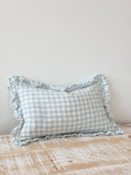 Oblong Ruffle Edged Blue Gingham Cushion