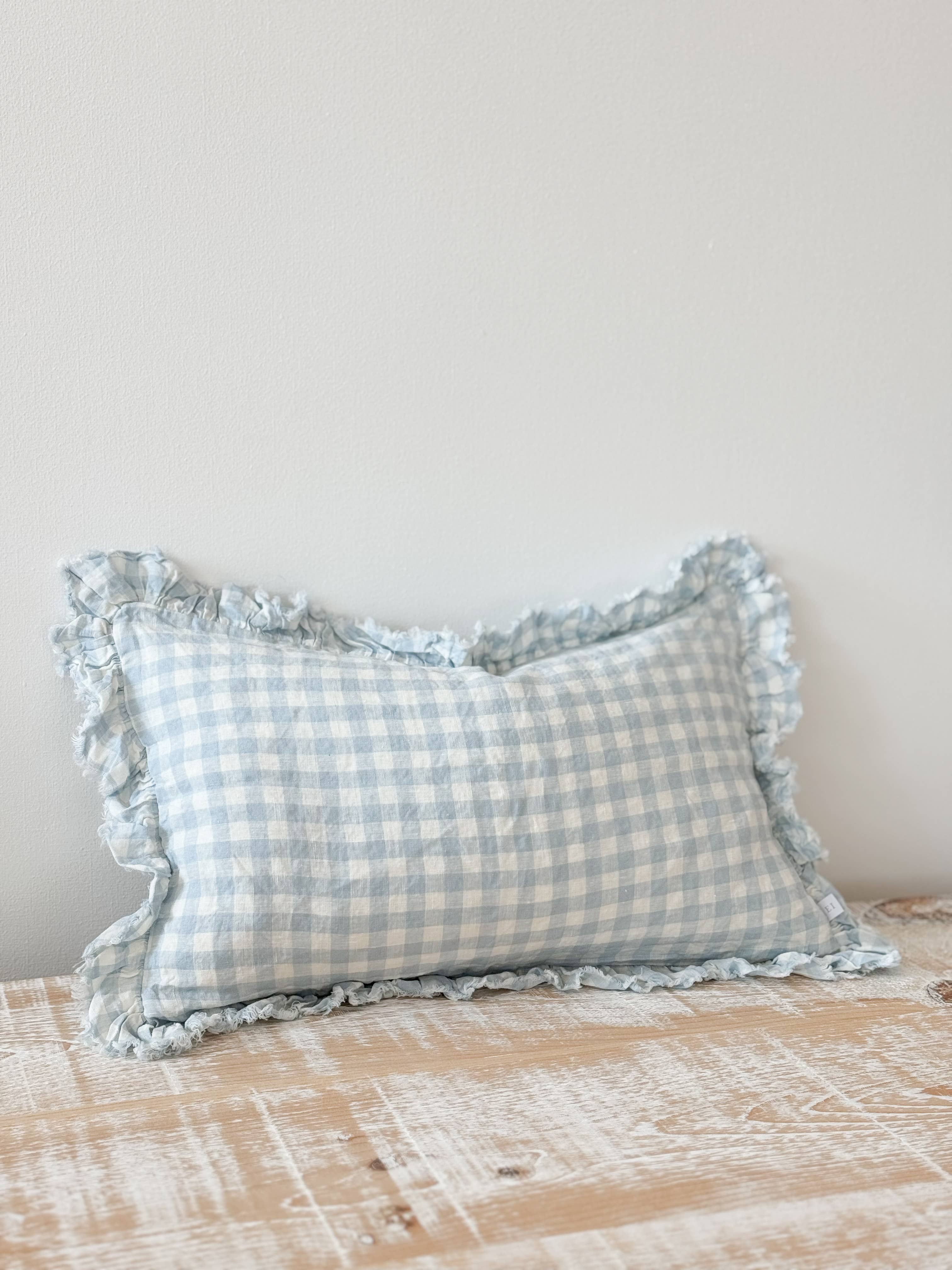 Oblong Ruffle Edged Blue Gingham Cushion