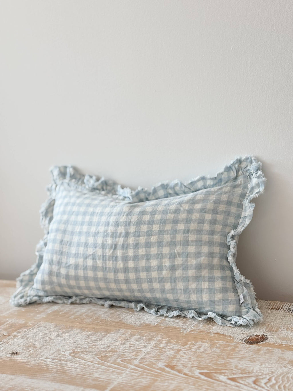 Oblong Ruffle Edged Blue Gingham Cushion