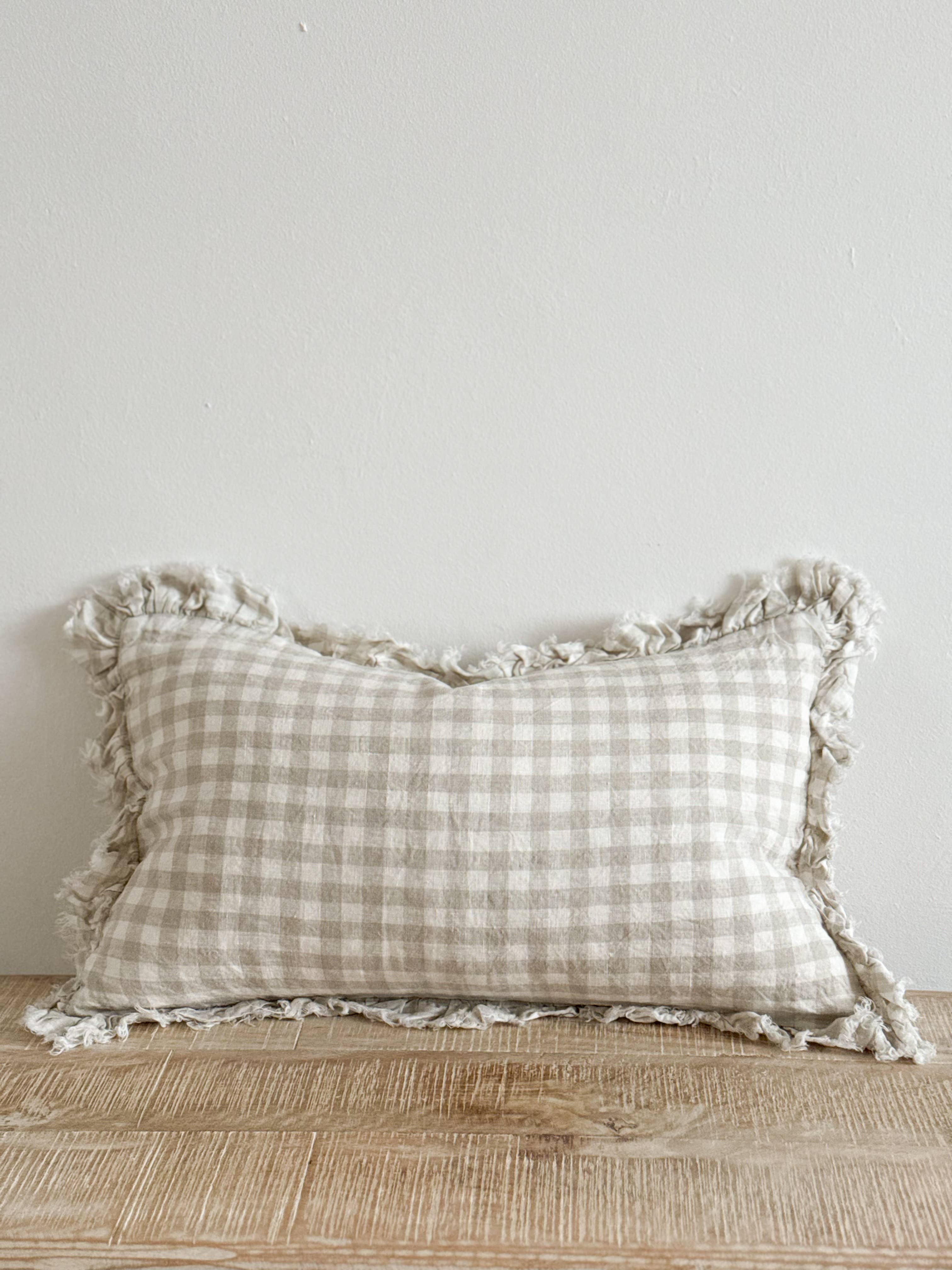 Oblong Ruffle Edged Natural Gingham Cushion