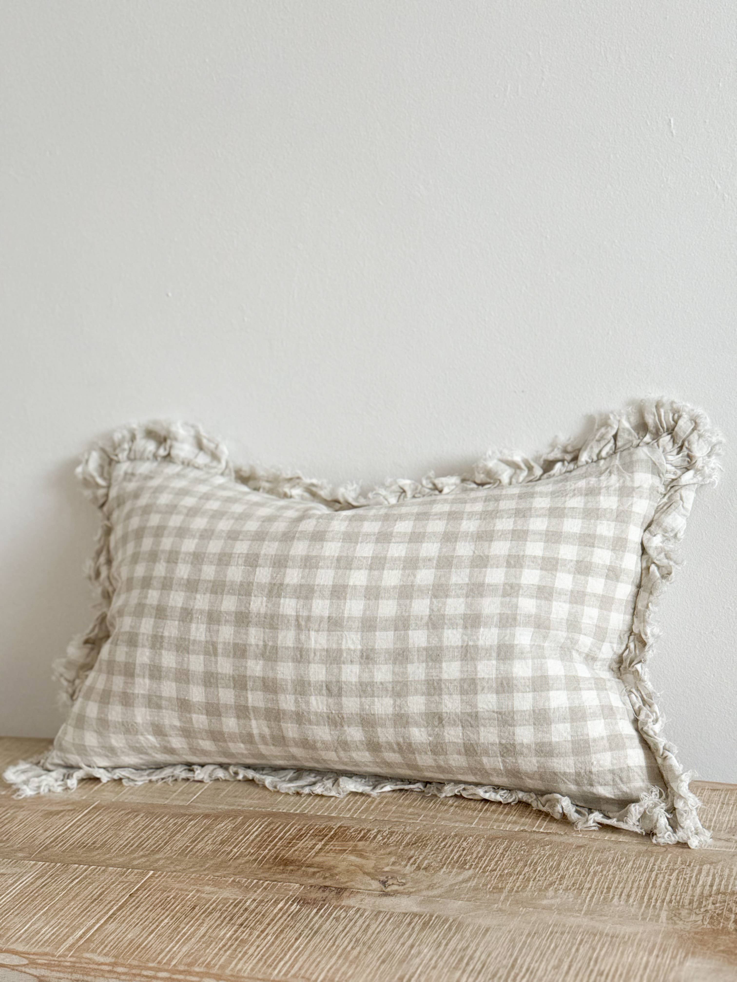 Oblong Ruffle Edged Natural Gingham Cushion