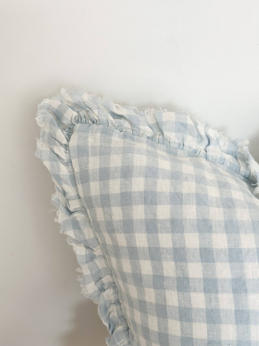 Square Ruffle Edged Blue Gingham Cushion