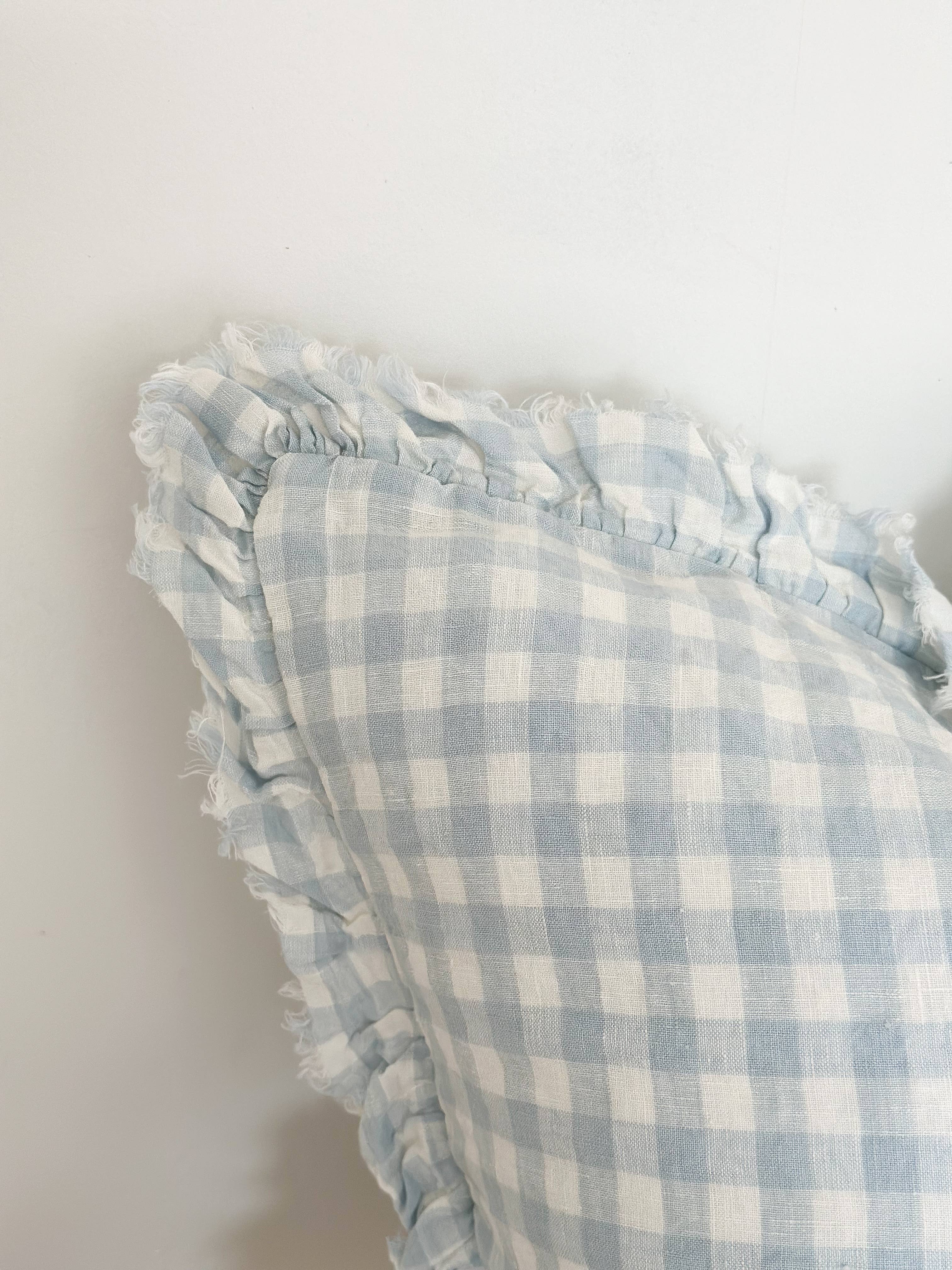 Square Ruffle Edged Blue Gingham Cushion
