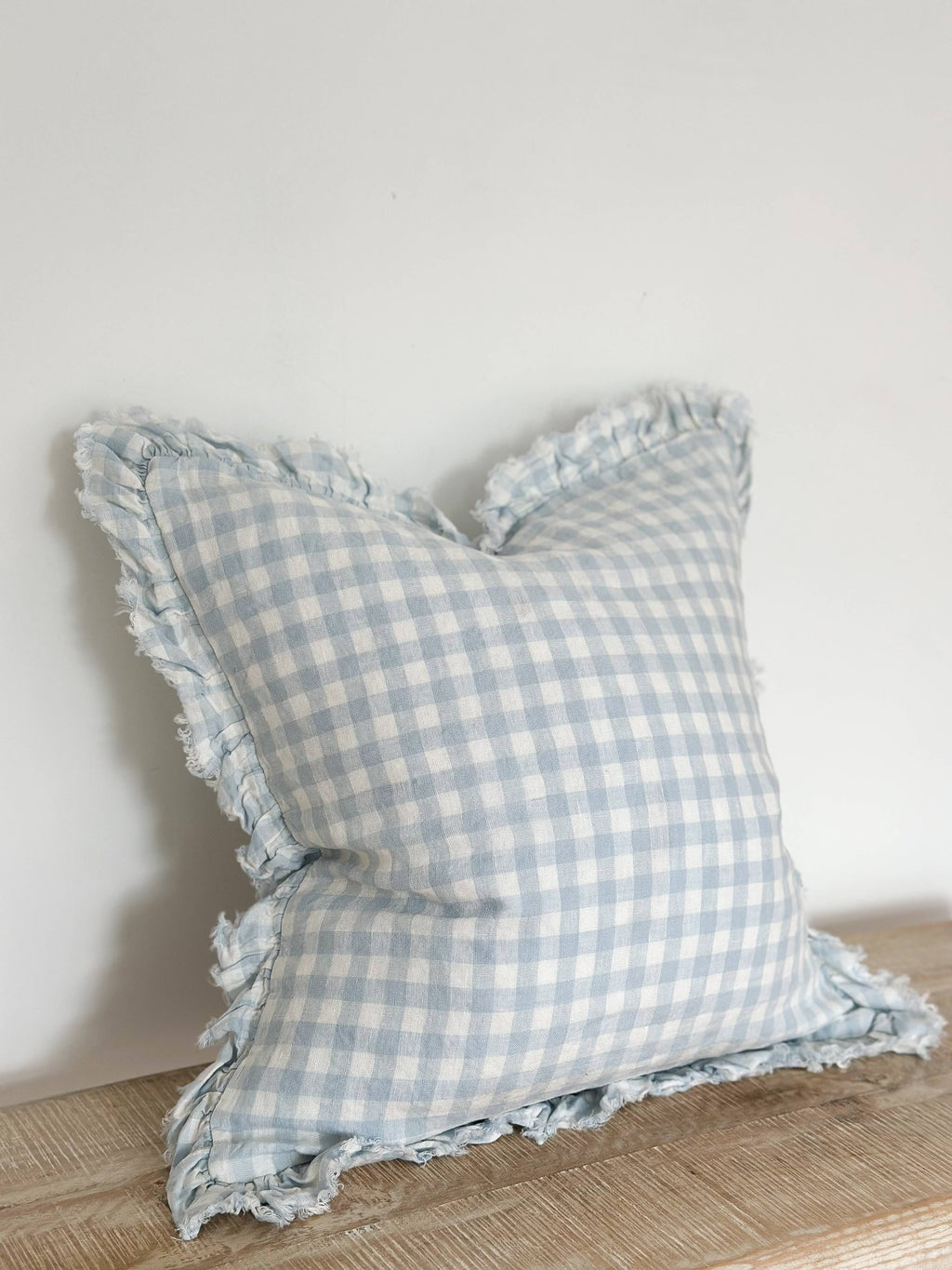 Square Ruffle Edged Blue Gingham Cushion