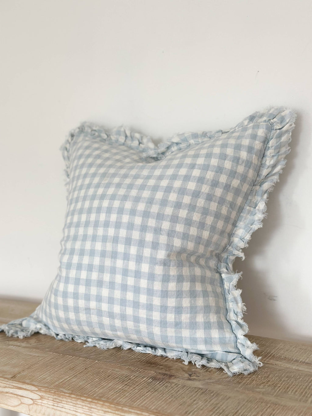 Square Ruffle Edged Blue Gingham Cushion