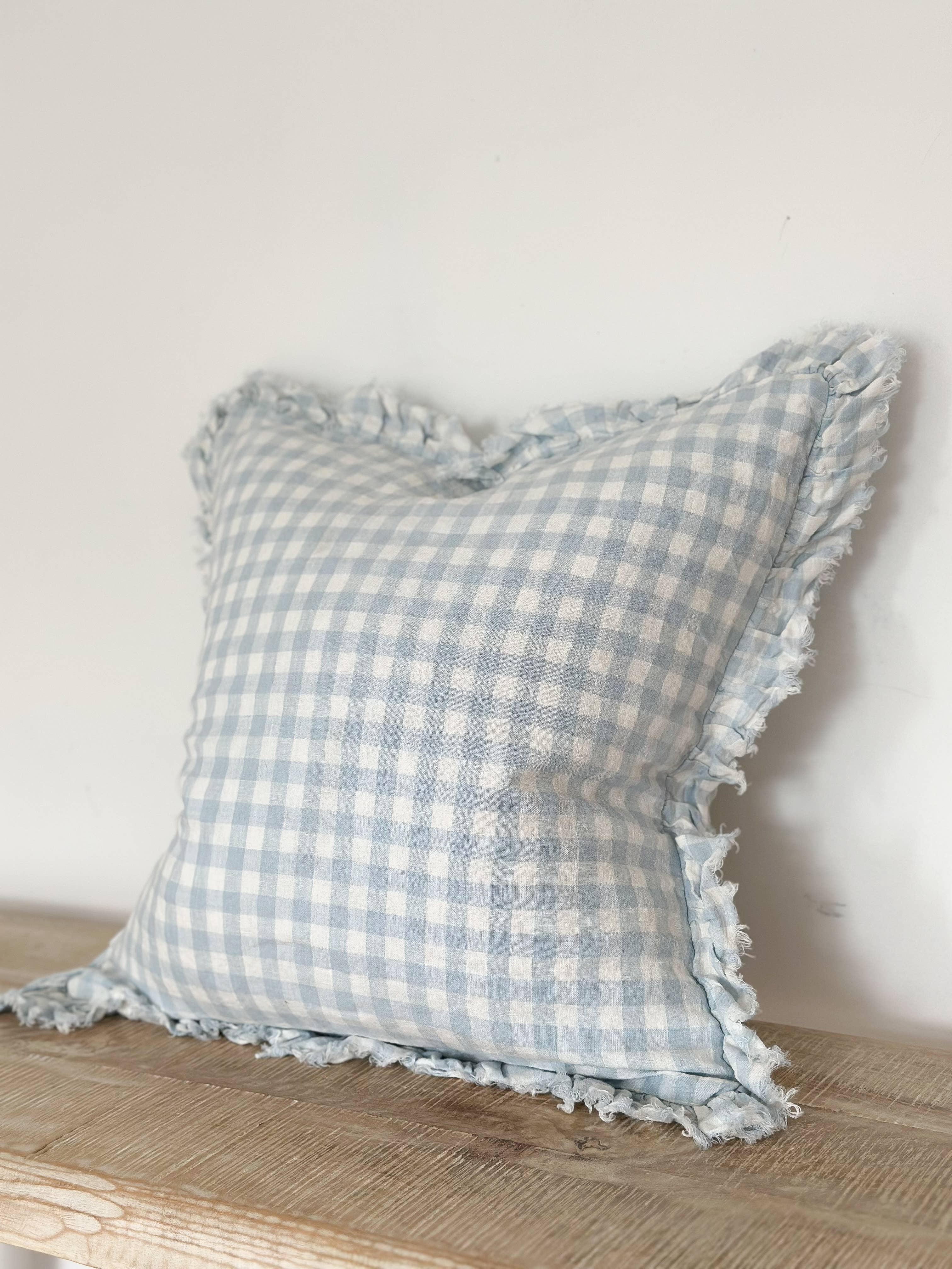 Square Ruffle Edged Blue Gingham Cushion