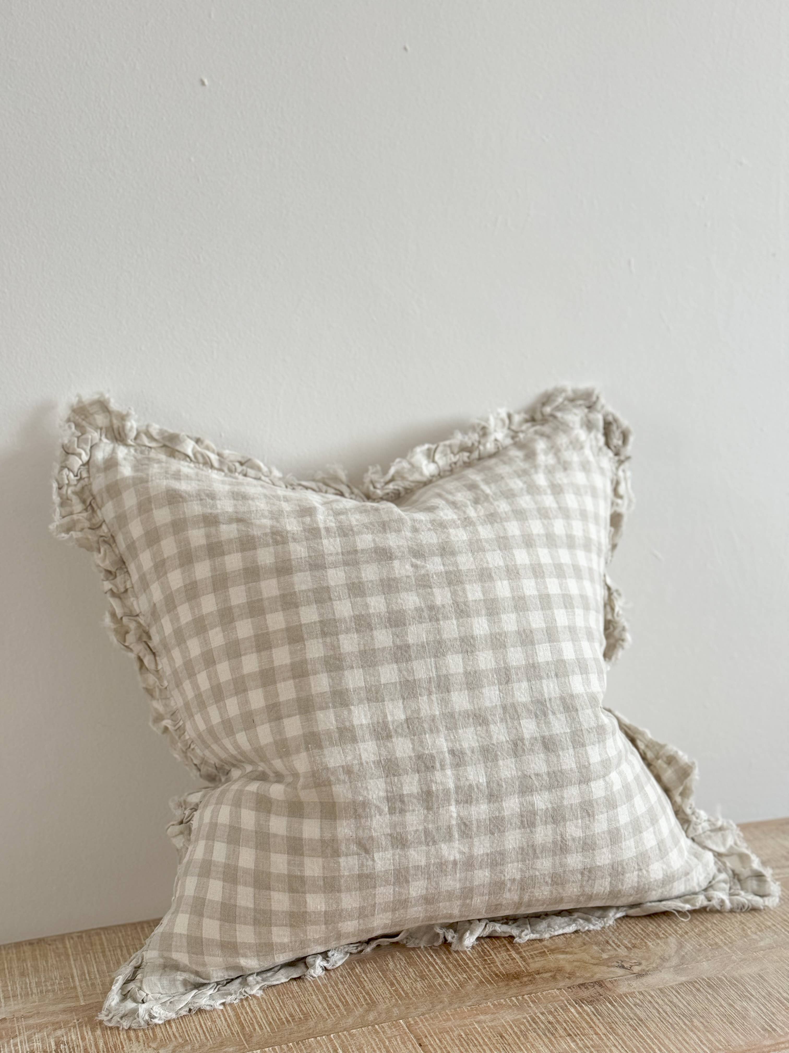Square Ruffle Edged Natural Gingham Cushion