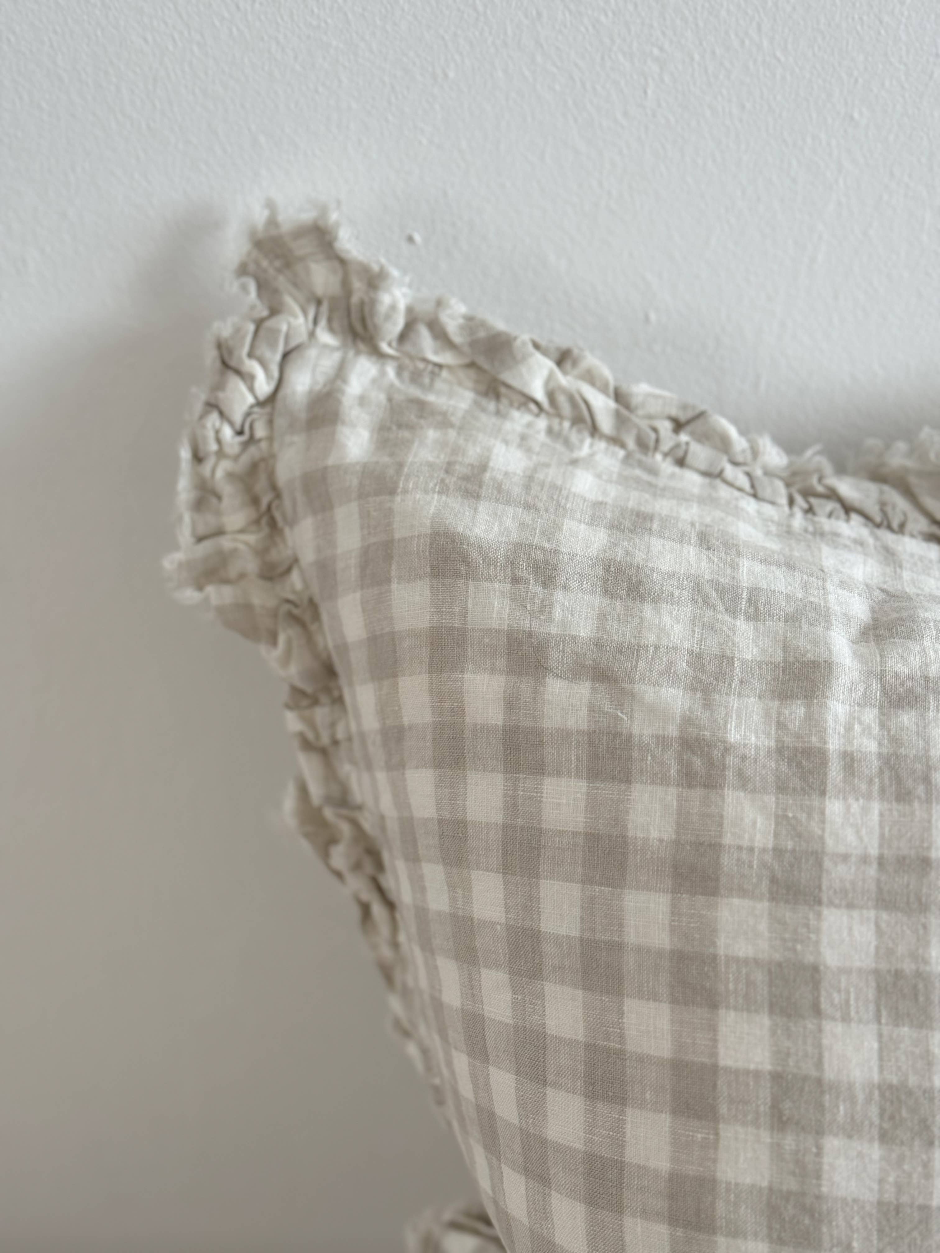 Square Ruffle Edged Natural Gingham Cushion
