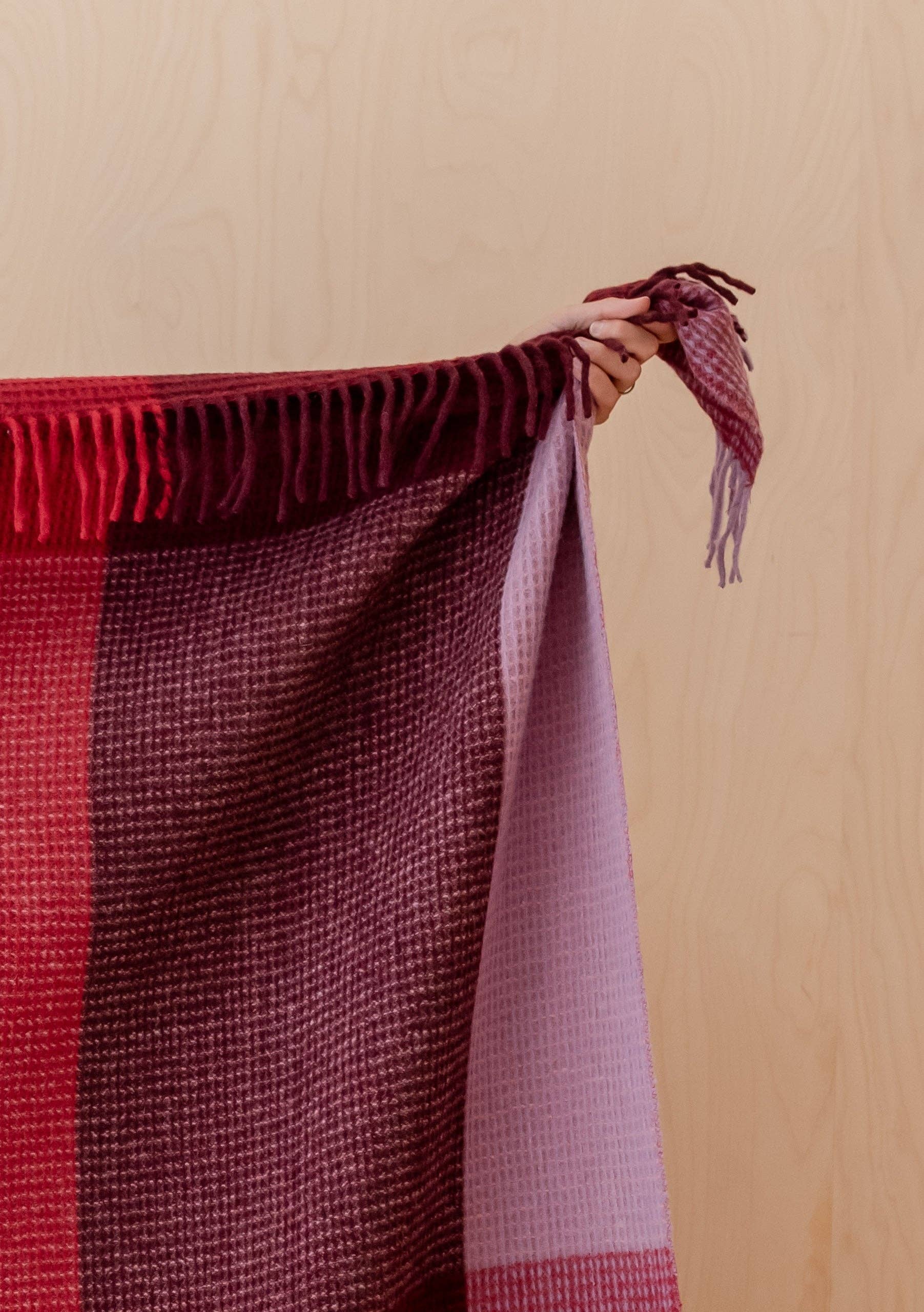 Recycled Wool Blanket in Burgundy Waffle Block Check