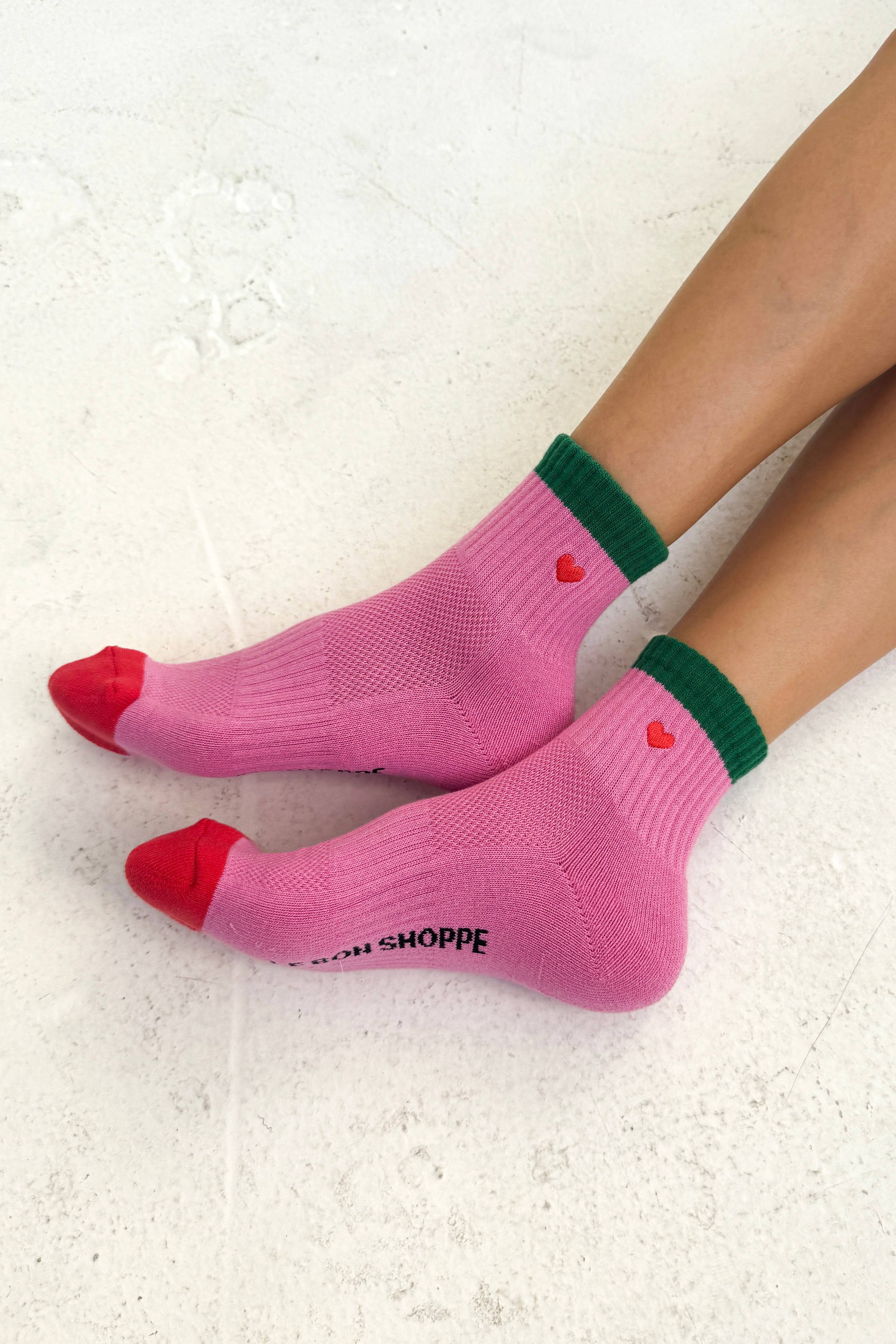 Le Bon Shoppe - Embroidered Colour Block Girlfriend Socks - Rose & Green