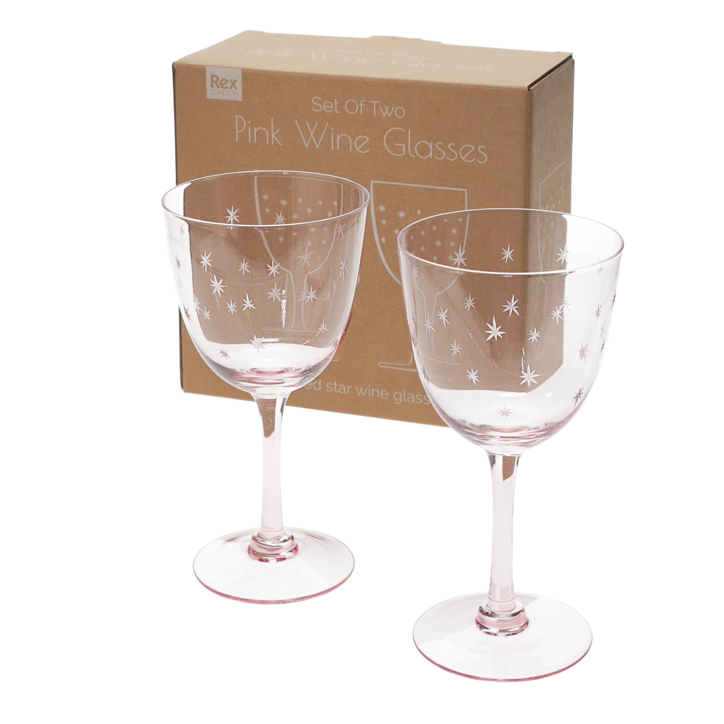 Pair of Pink Etched Star Wine Glasses