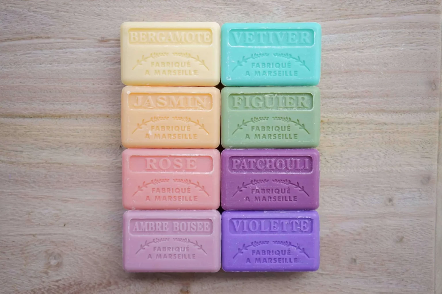 Savon-de-marseille-soap-bar-violette-fig-rose-lavender-jasmine-verveine-patchouli-vetiver-rainbow-nest-living
